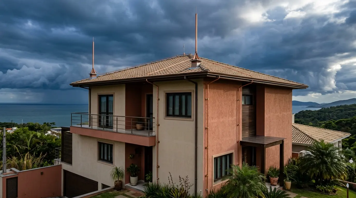 SPDA instalado no topo de edificação residencial em Florianópolis com captores tipo Franklin e condutores de descida em cobre