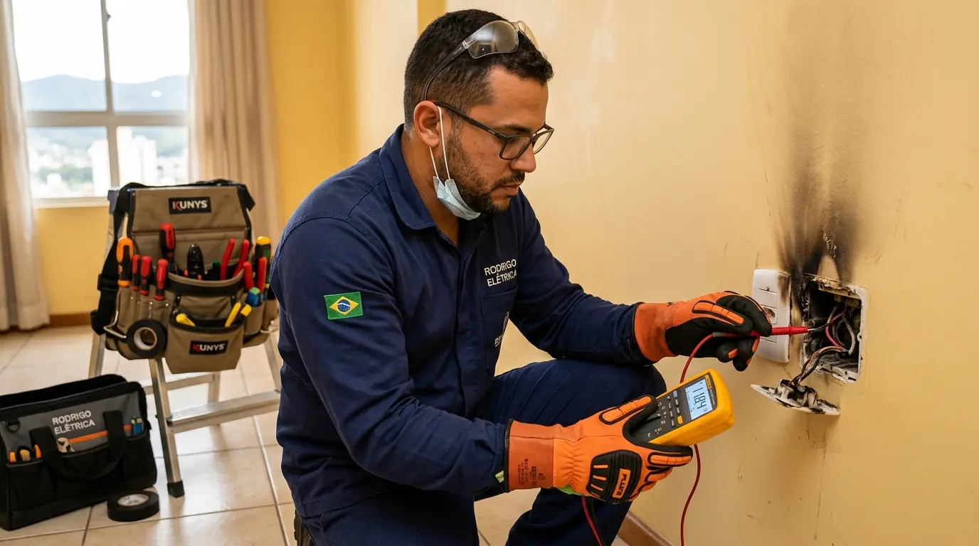 Eletricista verificando fiação de tomada queimada em apartamento de Florianópolis com multímetro e equipamentos de segurança
