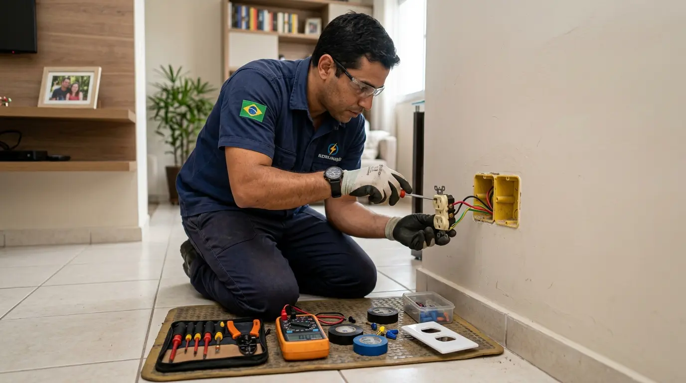 Eletricista substituindo tomada com defeito em apartamento em Florianópolis