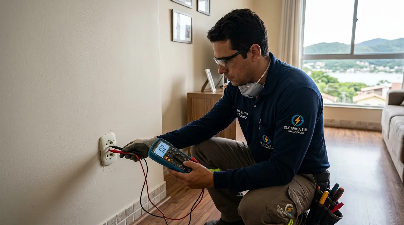 Eletricista testando tomada sem energia com multímetro em residência em Florianópolis