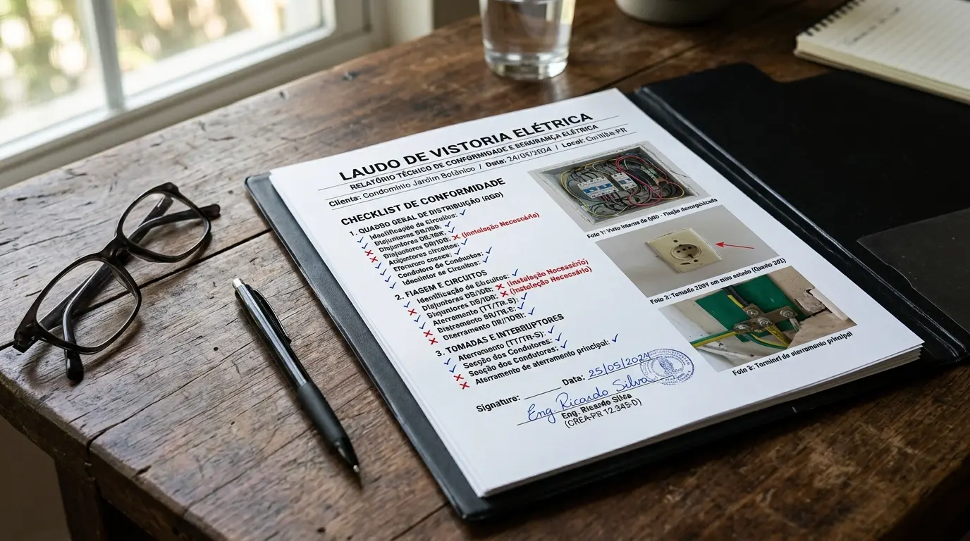 Laudo técnico de vistoria elétrica impresso com fotos e relatório de conformidade assinado por profissional habilitado