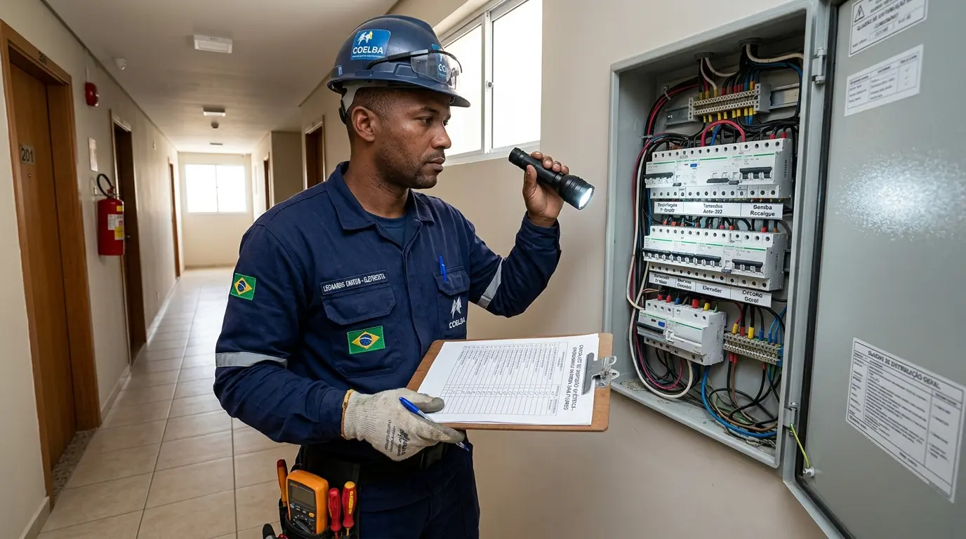 Eletricista técnico realizando vistoria no quadro elétrico de área comum de condomínio em Florianópolis com planilha de inspeção