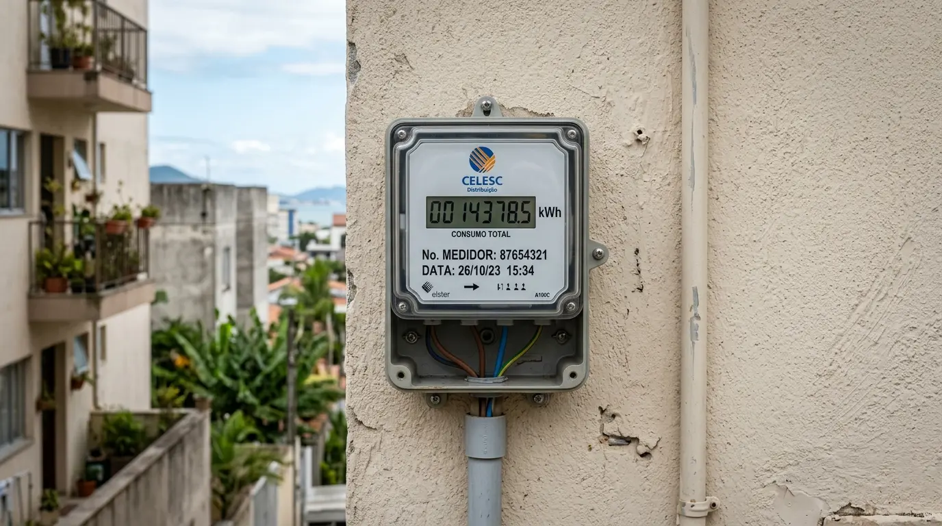 Medidor elétrico CELESC em imóvel residencial de Florianópolis indicando tensão de 220V